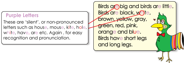 Purple Letters: These are ‘silent’, or non-pronounced letters such as house, mouse, kite, hole, white, have, are etc.